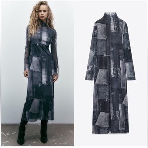 Zara tulle dress with denim patchwork print (M)